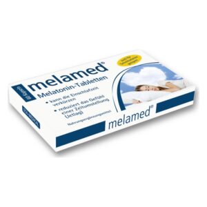 Verpackung von melamed Melatonin-Tabletten in einer weißen Box mit blauen und gelben Elementen und Bild einer schlafenden Frau.