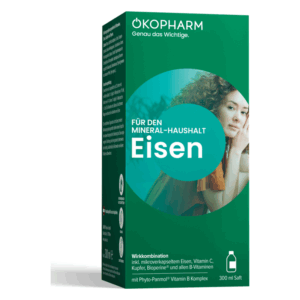 Verpackung des okopharm Eisenpräparats für den Mineralhaushalt, grün mit blauer Schrift und Abbildung einer Frau.
