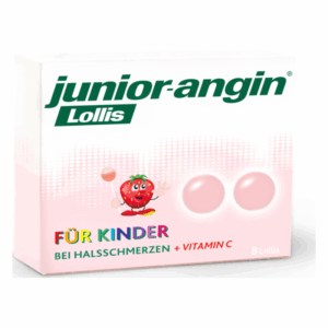 Packung mit junior-anging Lollis für Kinder bei Halsschmerzen, mit einem fröhlichen Erdbeer-Maskottchen und Vitamine C