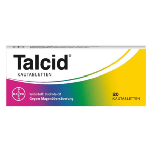 Verpackung von Talcid Kautabletten mit Hinweis auf den Wirkstoff Hydroxid und Anwendung gegen Magenübersäuerung.
