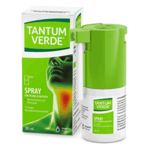 Tantum Verde Spray für Mund und Rachen in einer grünen und weißen Verpackung, 30 ml Flasche mit Sprühverschluss.