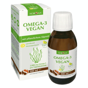 Flasche mit veganem Omega-3 Öl aus Algen, im Karton mit grüner Schrift und Zitronen-Geschmack.