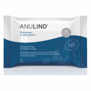 Packung mit Reinigungs- und Pflegefeuchttüchern für Analbeschwerden, dermatologisch getestet, mit Pflanzenextrakten.