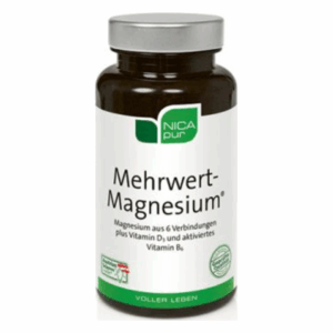 Braune Flasche mit einem weißen Etikett, das 'Mehrwert-Magnesium' und Inhaltsstoffe wie Vitamin D3 erwähnt.