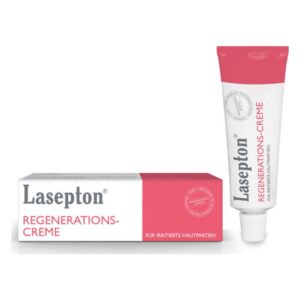 Tube und Verpackung der Lasepton Regenerations-Creme, für irritierte Hautpartien, in klaren Farben gestaltet.