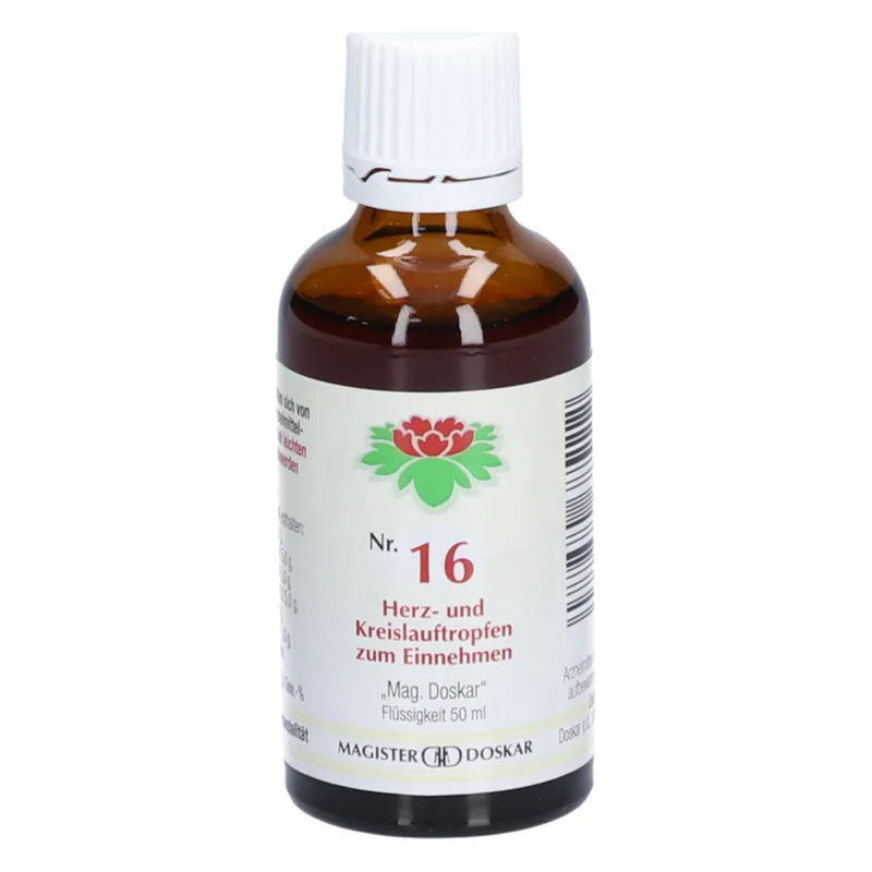 Braune Glasflasche mit weißem Schraubverschluss und Etikett für Herz- und Kreislauftropfen, 50 ml.