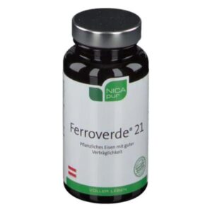 Schwarze Flasche mit silbernem Deckel, bezeichnet als Ferroverde 21, pflanzliches Eisen mit guter Verträglichkeit.