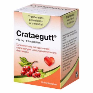 Verpackung von Crataegutt, einem pflanzlichen Arzneimittel, zur Unterstützung bei altersbedingten Herzleistungsminderungen.