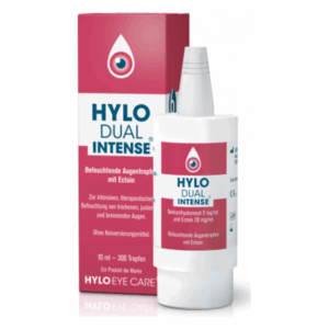 Flasche mit befeuchtenden Augentropfen und Verpackung, beide mit der Aufschrift "HYLO DUAL INTENSE".