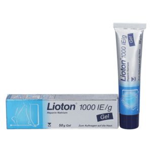 Tube und Verpackung von Lioton Gel mit Heparin-Natrium für die Hautanwendung, 50 g Inhalt.