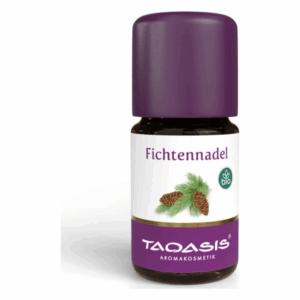Ölflasche mit Fichtennadel-Öl, lila Kappe, weißes Etikett mit grünen Pionenelementen und Bio-Siegel.