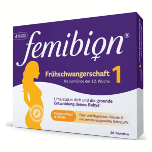 Verpackung von femibion Frühschwangerschaft 1 mit Informationen zur Unterstützung in der frühen Schwangerschaft.