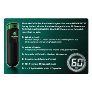 Nicorette Spray mit schwarzer Verpackung und grünem Deckel, bietet schnelle Hilfe gegen akutes Rauchverlangen in 60 Sekunden.