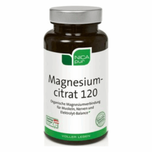 Dunkelbraune Flasche mit grünem Deckel, enthält Magnesiumcitrat zur Unterstützung von Muskeln und Nerven.