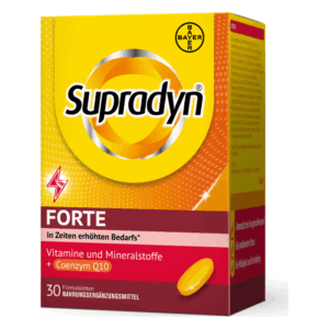 Packung Supradyn Forte mit Vitaminen, Mineralstoffen und Coenzym Q10, gelbes Design, 30 Filmtabletten.