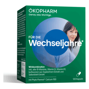 Verpackung eines Nahrungsergänzungsmittels für die Wechseljahre mit einer abgebildeten Frau und Inhaltsstoffen auf der Box.