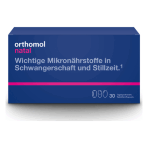 Verpackung von orthomol natal, Nährstoffe für Schwangerschaft und Stillzeit, in blauer Box mit rosa Akzent.