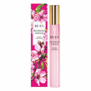 Ein pinker Parfumeroller mit floralem Design und einer goldenen Kappe in einer dekorativen Verpackung.