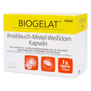 Packung mit Knoblauch-Mistel-Weißdorn-Kapseln zur Unterstützung bei Herz- und Kreislaufbeschwerden, 90 Kapseln im Inneren.