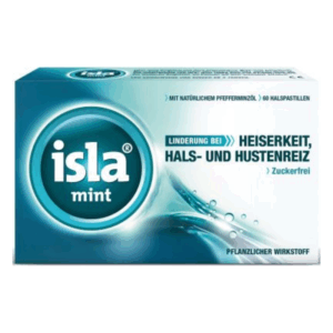 Verpackung von isla mint Halspastillen zur Linderung von Heiserkeit und Hustenreiz, zuckerfrei und mit Pfefferminzöl.