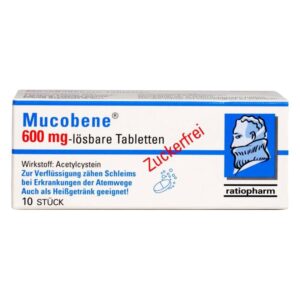 Packung Mucobene 600 mg lösbare Tabletten, Wirkstoff Acetylcystein, Zuckerfrei, für Atemwegserkrankungen geeignet.