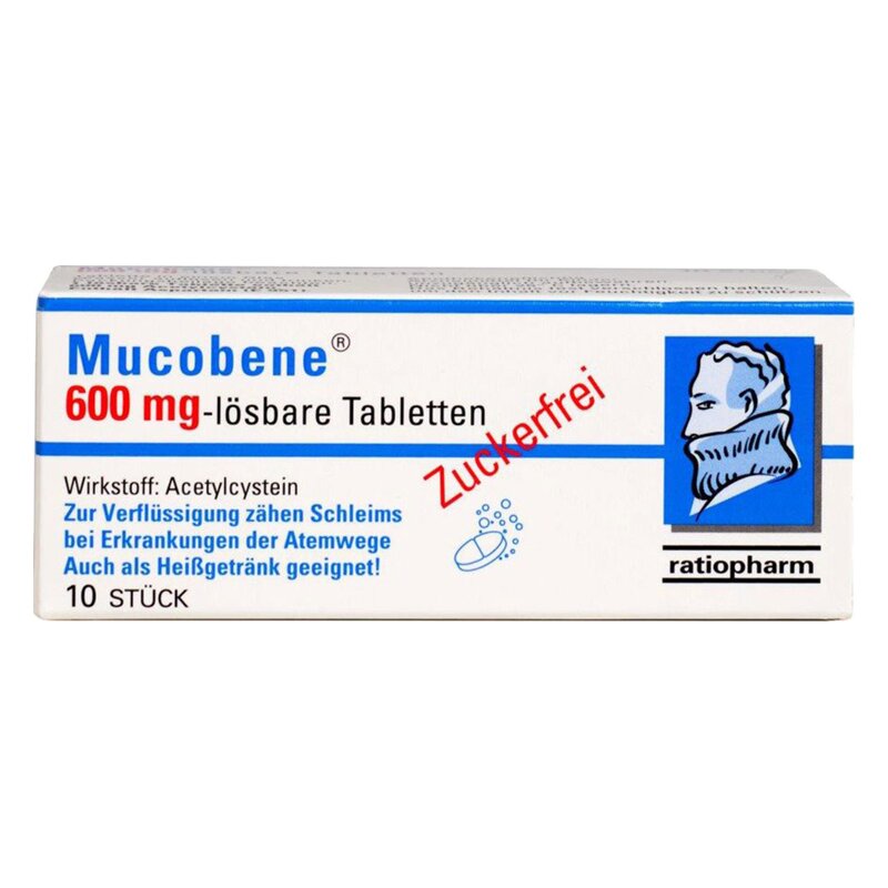 Packung Mucobene 600 mg lösbare Tabletten, Wirkstoff Acetylcystein, Zuckerfrei, für Atemwegserkrankungen geeignet.