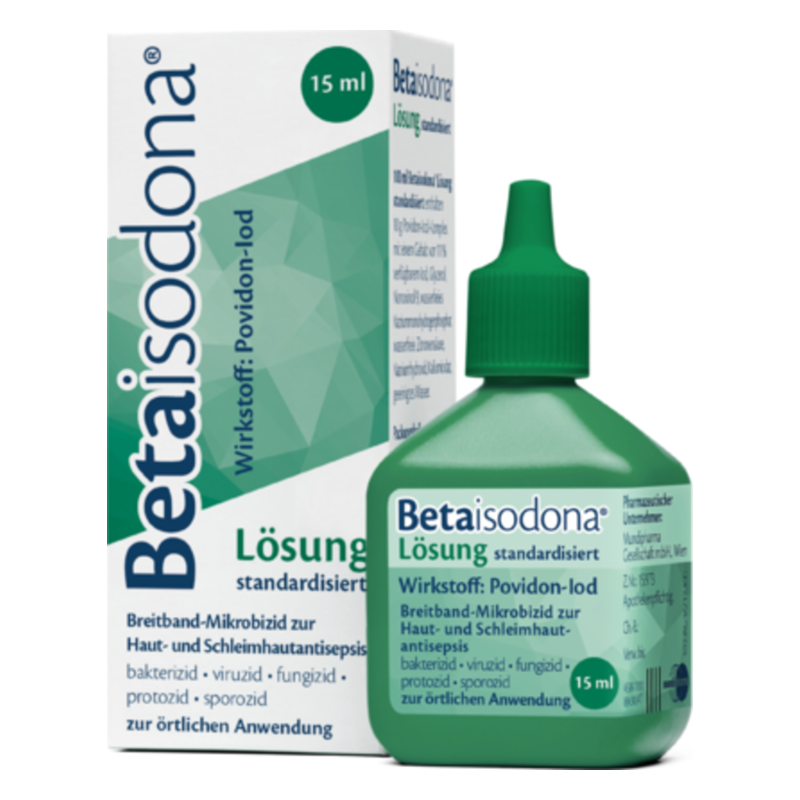 Flasche mit Betaisodona Lösung (15 ml) zur Haut- und Schleimhautdesinfektion in grüner Verpackung.