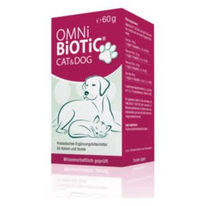 Packung des probiotischen Ergänzungsfuttermittels OMNi BiOTiC für Katzen und Hunde mit Hund und Katze in der Illustration.