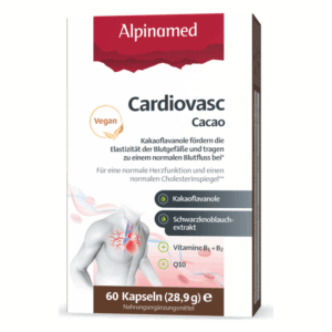 Verpackung von Alpinamed Cardiovasc, vegan, enthält Kakaoflavanole, Vitamine und Q10 zur Herzunterstützung.