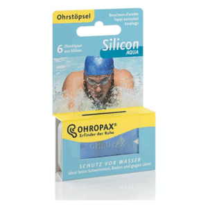 Packung mit 6 Silikon-Ohrstöpseln zum Schutz vor Wasser, geeignet für Schwimmen und Baden.