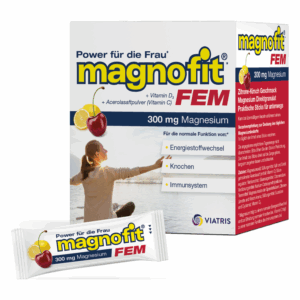 Verpackung von magnofit FEM, Magnesium-Sticks in Zitronen-Kirsch-Geschmack, für die Gesundheit von Frauen.