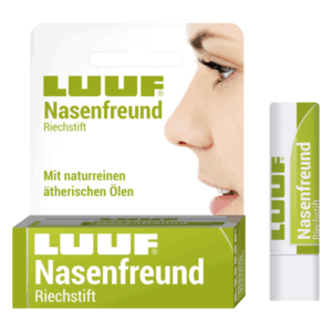 Riechstift mit der Bezeichnung "LUUF Nasenfreund" in einer Verpackung mit einem Bild einer Frau im Hintergrund.