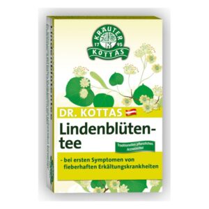 Verpackung von Dr. Kottas Lindenblütentee mit floralem Design und Gebrauchshinweisen zur Anwendung bei Erkältungssymptomen.