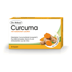 Verpackung von Dr. Böhm Curcuma mit natürlichem Lecithin, Kapseln mit Kurkuma-Extrakt, MSM, Vitamin D und Oliven-Antioxidantien.