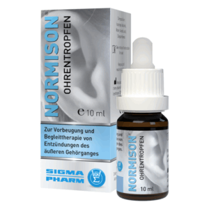 Eine Flasche Normison Ohren-Tropfen mit einem weißen Tropferdeckel in einer Verpackung zur Behandlung von Ohrentzündungen.