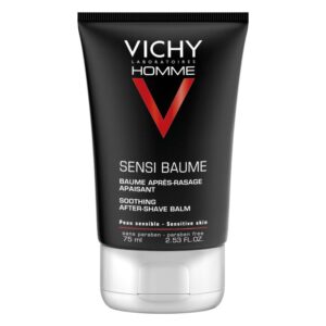 Schwarze Tube mit weißem und rotem Aufdruck, enthält einen beruhigenden After-Shave-Balsam für empfindliche Haut, 75 ml.