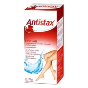 Verpackung eines Frischgels mit rotem Weinlaub-Extrakt und Pfefferminzöl, zeigt entspannte Beine und Aqua-Design.