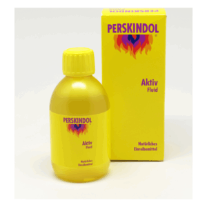 Gelbe Flasche mit Schraubverschluss und Aufschrift "PERSKINDOL Aktiv Fluid" neben passender Verpackung.