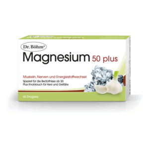 Packung mit Dr. Böhm Magnesium 50 plus, enthält Knoblauch und ist für die Bedürfnisse ab 50 Jahren konzipiert.