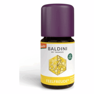 Braune Glasflasche mit lila Verschluss, etikettiert mit "BALDINI FEELFRIEDE", bio und einem geometrischen Muster.