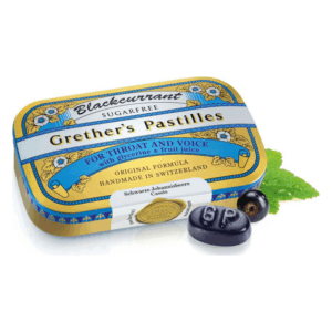 Blaubeerpastillen in einer blauen, goldverzierten Dose mit floralem Design für Hals und Stimme