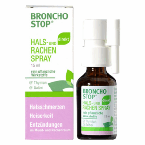 Braunes Sprühfläschchen mit weißem Sprühkopf, umgeben von einer farbigen Verpackung, bewirbt Broncho Stop Hals- und Rachenspray.