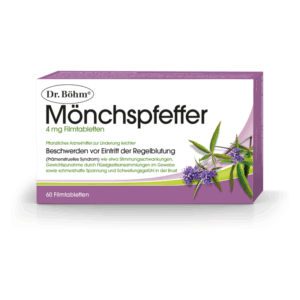 Verpackung von Dr. Böhm Mönchspfeffer, 4 mg Filmtabletten zur Linderung prämenstrueller Beschwerden.