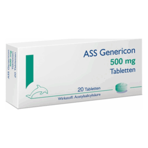Packung mit ASS Genericon 500 mg Tabletten, Wirkung: Acetylsalicylsäure, standardisierte Verpackung.