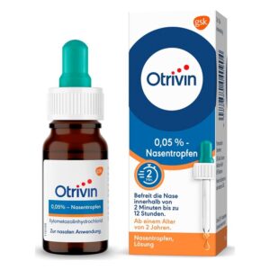 Braune Tropfflasche mit grüner Pipette für Otrivin 0,05 % Nasentropfen und einer Verpackung mit Anwendungshinweisen.