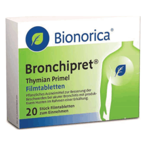 Eine Verpackung von Bionorica Bronchipret Filmtabletten mit Hinweis auf pflanzliche Inhaltsstoffe und Anwendung bei Bronchitis.