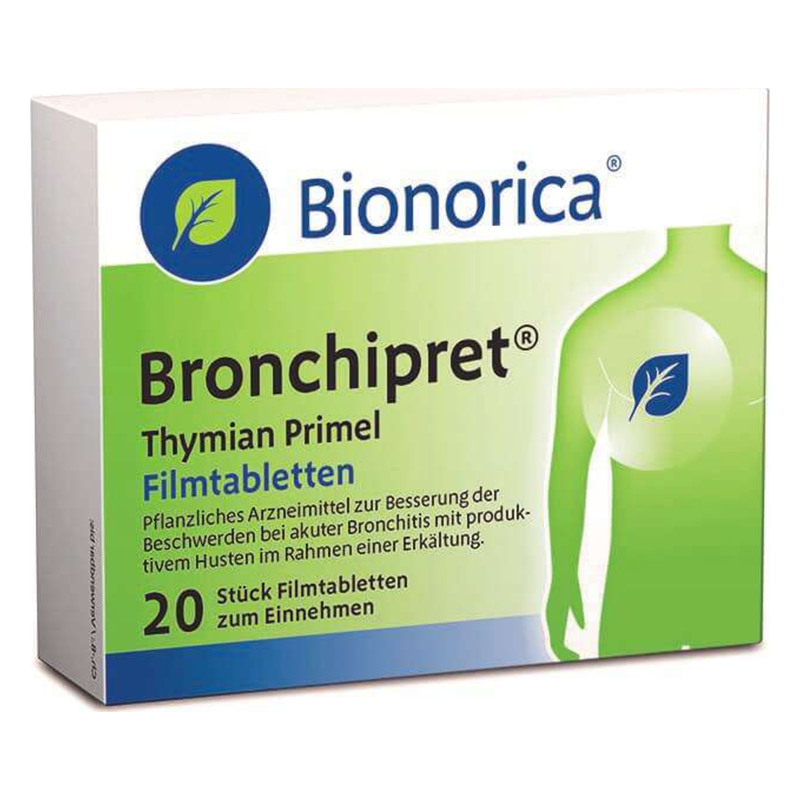 Eine Verpackung von Bionorica Bronchipret Filmtabletten mit Hinweis auf pflanzliche Inhaltsstoffe und Anwendung bei Bronchitis.