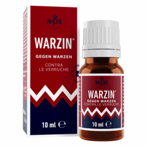 Eine Flasche Warzin gegen Warzen, umgeben von einer roten Verpackung mit weißer Schrift und grafischen Elementen.