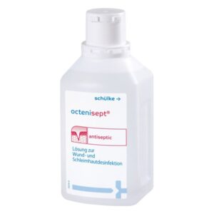 Weißer Kunststoffbehälter mit Schraubverschluss, enthält antiseptische Lösung zur Wund- und Schleimhautdesinfektion.