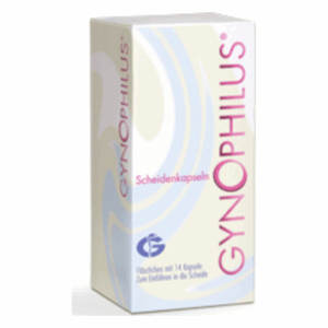 Packung mit Gynophilus Scheidenkapseln, weiß mit buntem Design und Informationen zur Anwendung.